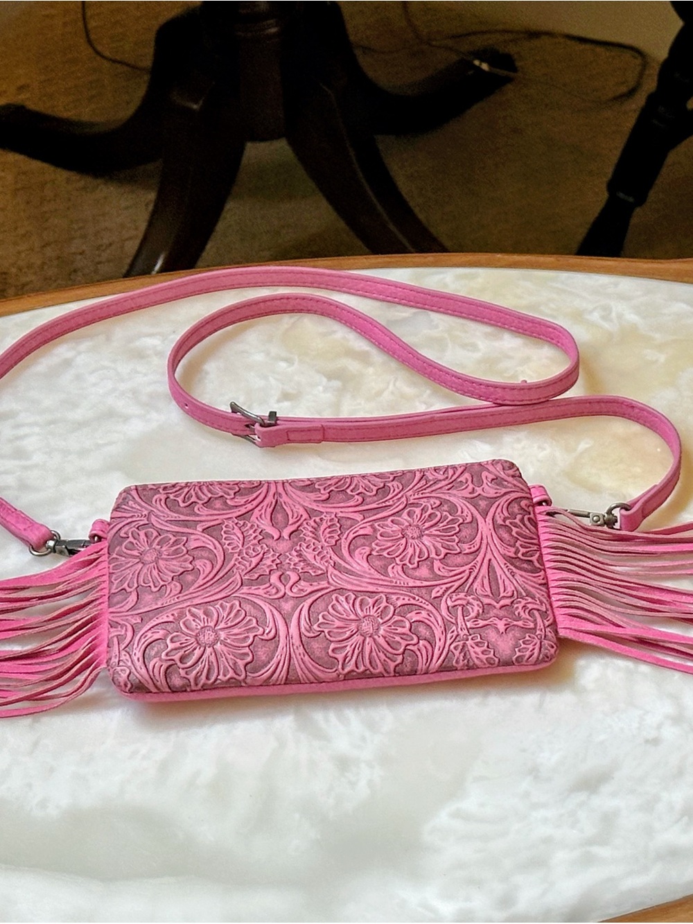 Montana West Pink Tooled Fringe Crossbody Bag